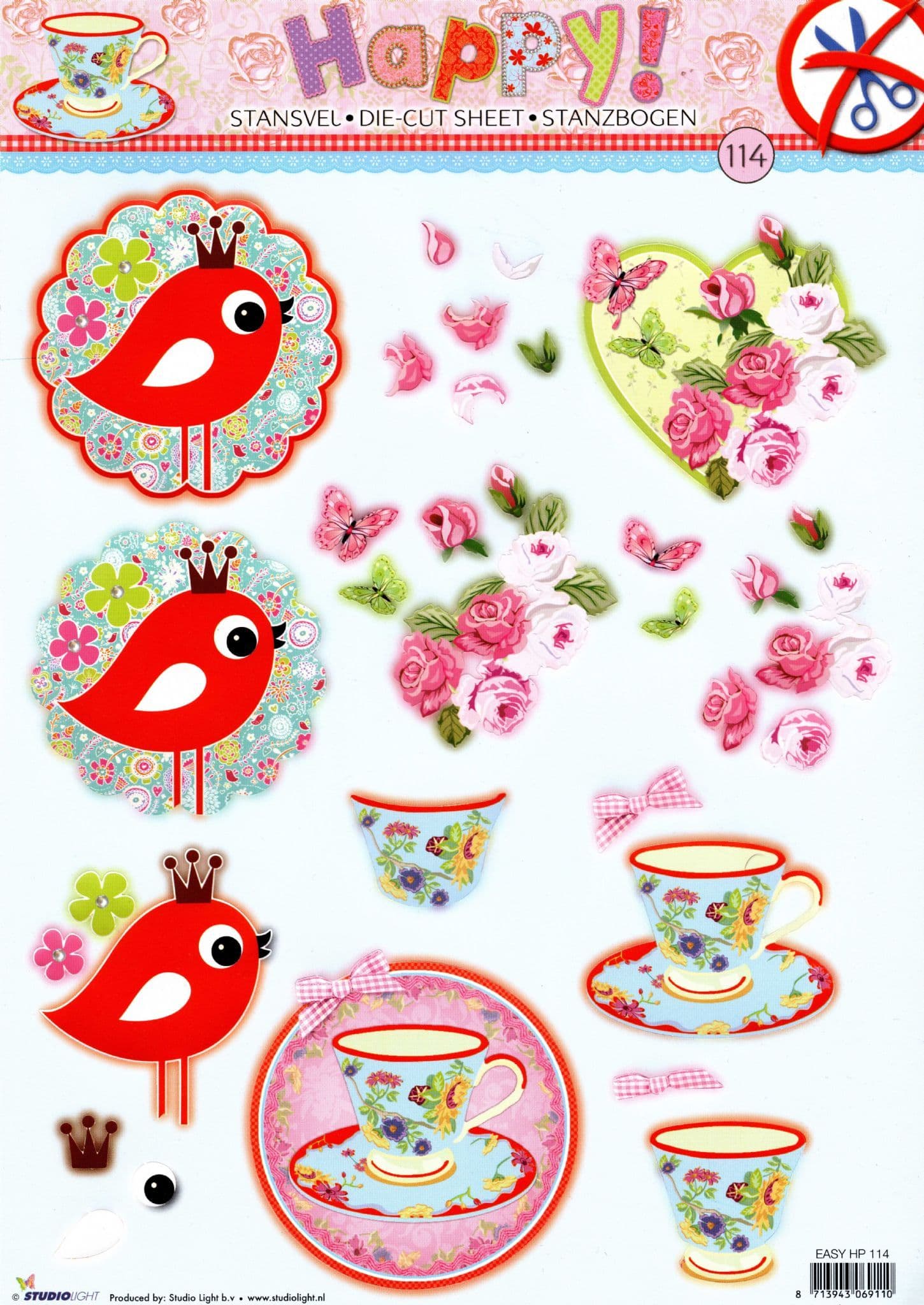 Tea Cup, Bird & Roses Happy Designs Die Cut 3d Decoupage Sheet - NO CUTTING