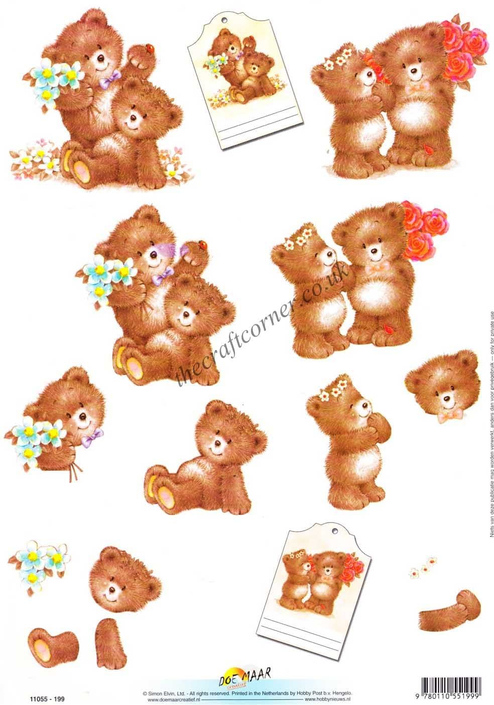 Teddy Bears With Flowers  3d Decoupage Craft Sheet