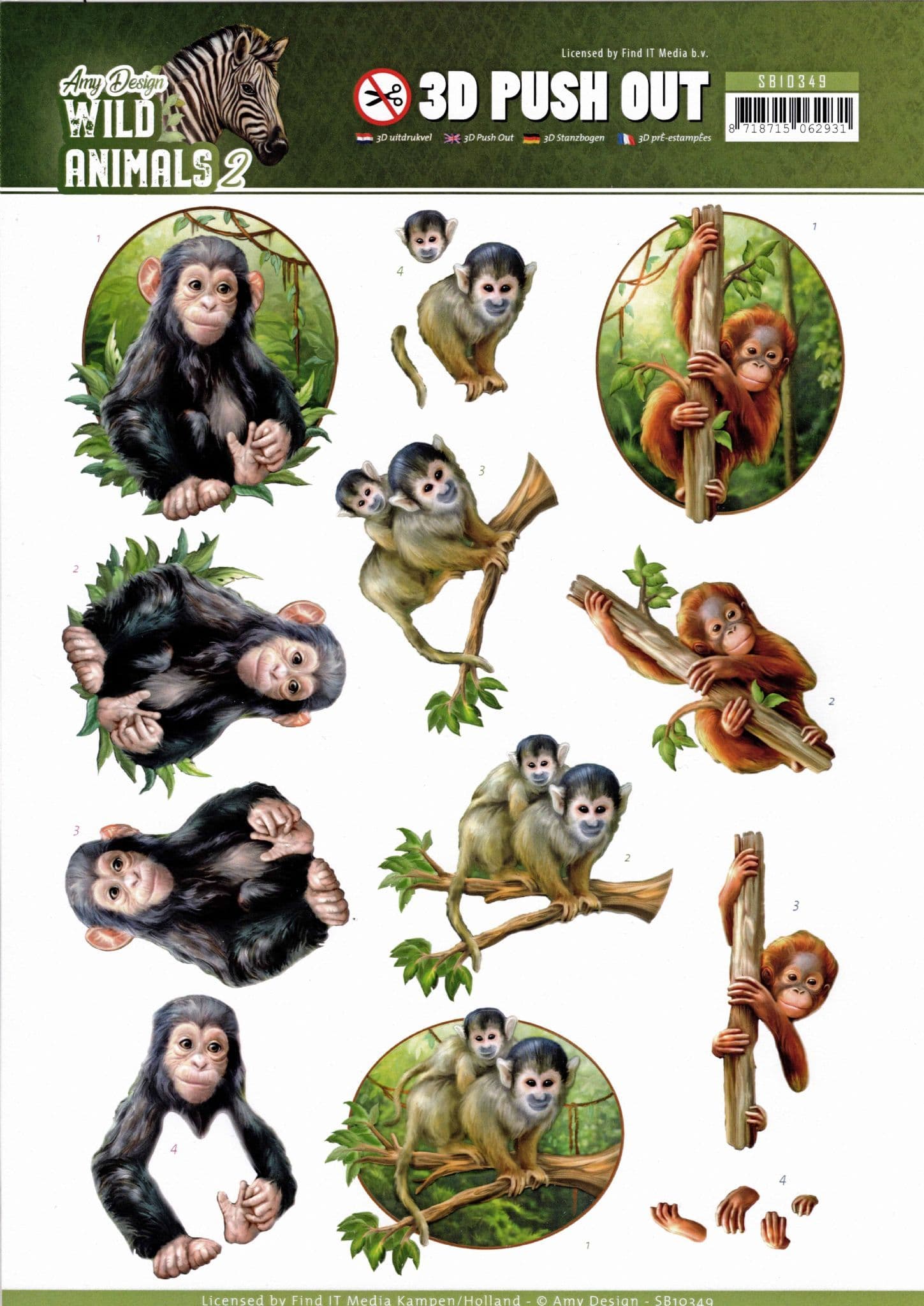 Wild Animals 2 Primates - Amy Designs 3D decoupage Die Cut Sheet