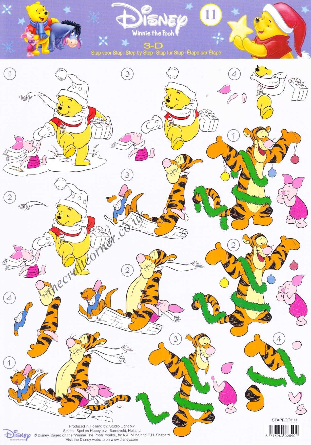 Winnie the Pooh 11 Winnie The Pooh, Tigger & Piglet at Christmas 3d Decoupage Sheet.