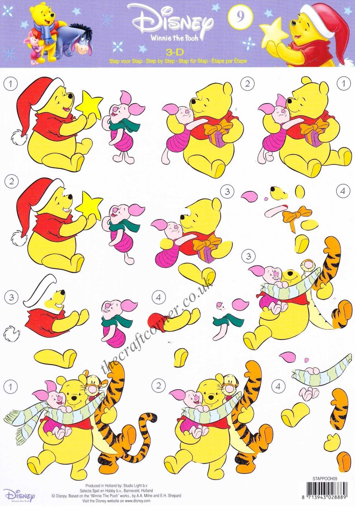 Winnie the Pooh 9 Christmas Fun with Winnie The Pooh, Piglet & Tigger 3d Decoupage Sheet.