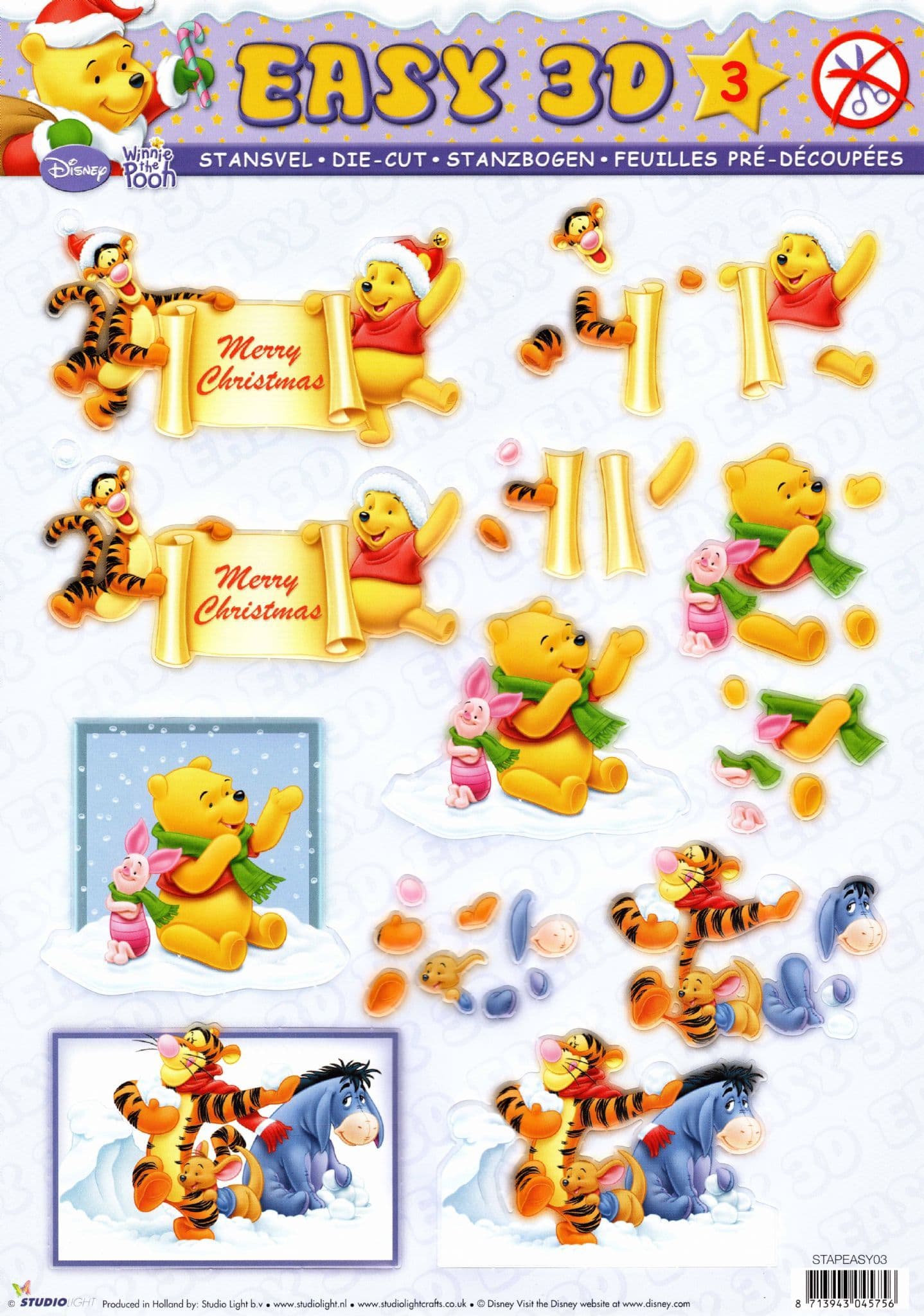 Winnie The Pooh Christmas 03 Die Cut 3d Decoupage Sheet - NO CUTTING