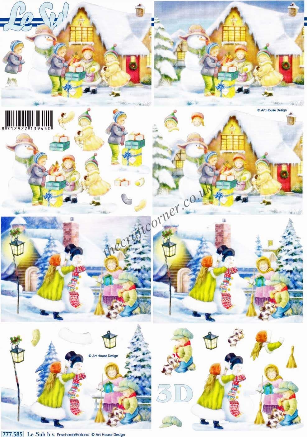 Winter Children Building Snowmen  3d Decoupage Sheet